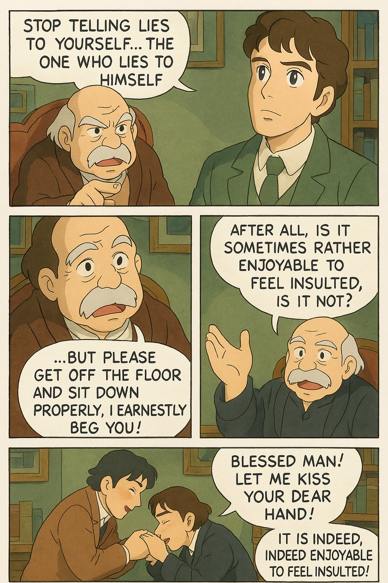I think it will take some time to change books into comics, but I can see how this might happen in the future. This is my prompt to make the page from Brothers Karamazov as a Studio Ghibli style comic.