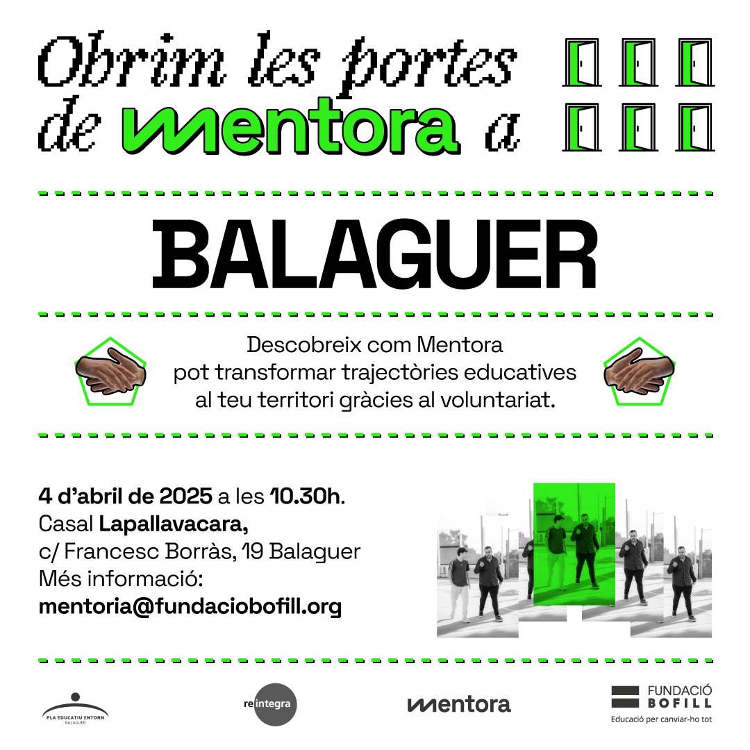 Vols veure com #Mentora connecta adolescents, entitats i famílies arreu del territori? 🚪 Obrim les portes a #Balaguer!

Descobreix el poder de la mentoria per prevenir l’abandonament escolar amb vincles reals i compromesos. #AquíSeguimEstudiant💚

👉🏼 fundaciobofill.cat/actes/obrim-le…