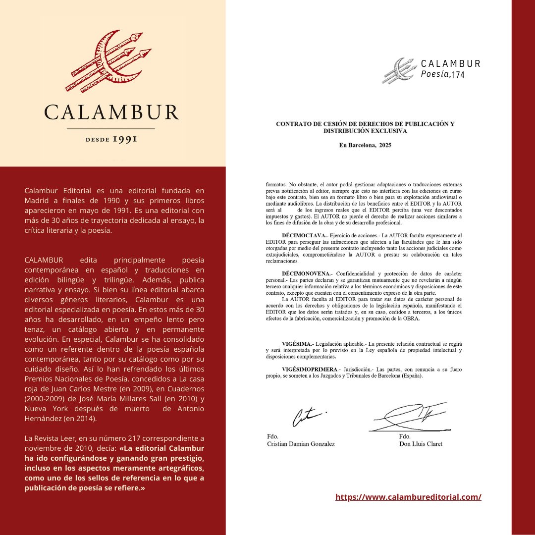 CrisRRII's tweet photo. 📘 NEW BOOK ON THE WAY!

📝 Exclusive publication and distribution contract with @CalamburEd in Barcelona, Spain - 2025.

🤝 It is an honor to join a prestigious publisher with more than 30 years of experience, recognized as a reference in contemporary poetry.

✒️ Cris https://t.co/W07ABxr0aW