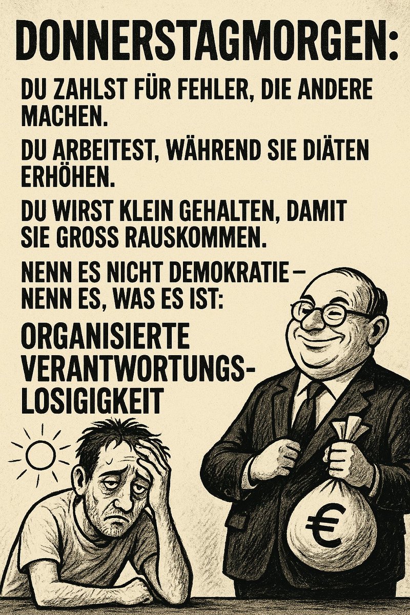 WissenWerteWand's tweet photo. 🔥 „Donnerstagmorgen: Du zahlst für Fehler, die andere machen. Du arbeitest, während sie Diäten erhöhen. Du wirst klein gehalten, damit sie groß rauskommen. Nenn es nicht Demokratie – nenn es, was es ist: organisierte Verantwortungslosigkeit. 💥“

#Politikversagen #Systemfrage #Demokratiekrise #Wahrheit #Aufwachen