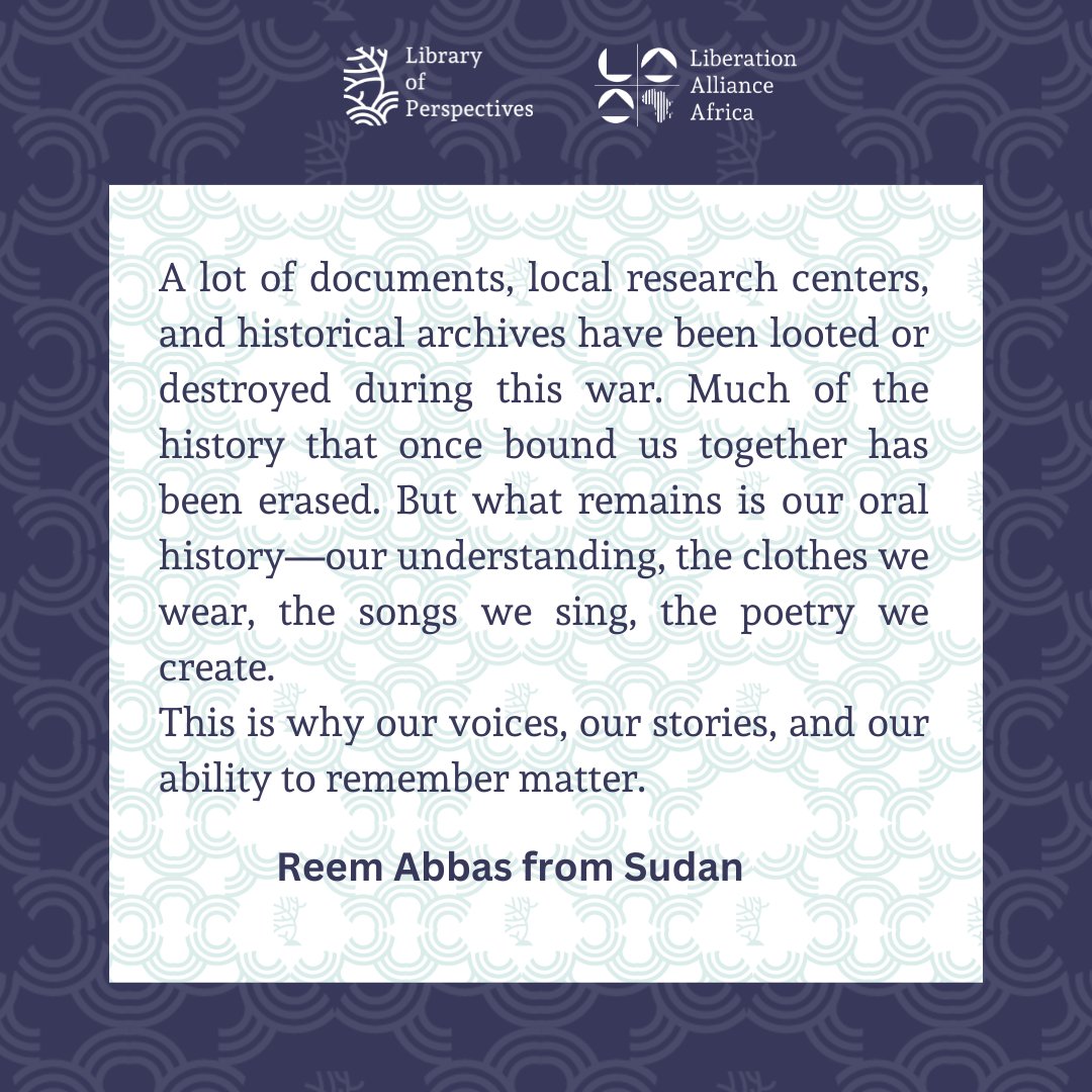 Liberation Alliance Africa (@liberationaa) on Twitter photo Sudanese feminist <a href="/ReemAbbas/">Reem M. Abbas</a> shares her story of growing up in a beloved motherland—only to be violently uprooted by war. She reflects on preserving & reclaiming identity, even when home is lost.
📖 Explore more at the #LibraryOfPerspectives on this link: libraryofperspectives.africa Sudanese feminist <a href="/ReemAbbas/">Reem M. Abbas</a> shares her story of growing up in a beloved motherland—only to be violently uprooted by war. She reflects on preserving & reclaiming identity, even when home is lost.
📖 Explore more at the #LibraryOfPerspectives on this link: libraryofperspectives.africa