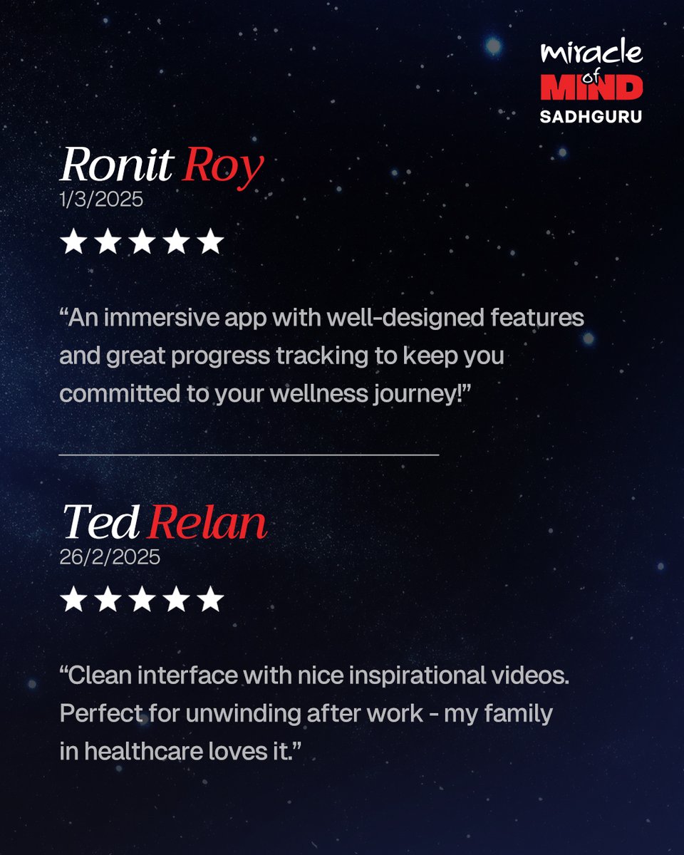 miraclemindapp's tweet photo. Hear what people say about Miracle of Mind, a new free meditation app designed by Sadhguru. The app already has 50k+ reviews and a remarkable rating of 4.9 stars on the App Store and Google Play Store! https://t.co/MTx25WEr2p