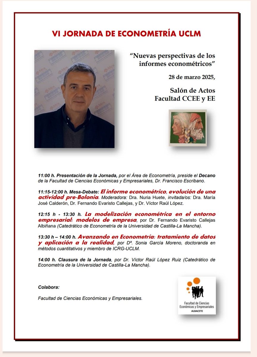 Víctor Raúl López Ruiz (@victorraullr) on Twitter photo Es Noticia👀👍
Desde <a href="/ftaadcee_ab/">Facultad de Ciencias Económicas y Empresariales AB</a> se desarrolla👉viernes #28M la VI Jornada de #Econometría que coordino en <a href="/uclm_es/">Universidad de Castilla-La Mancha</a> sobre análisis e informes económicos hoy <a href="/dafcee_ab/">Delegación de Alumnos FCEE AB</a>
INVITADO <a href="/FerEconometria/">Fernando Callejas</a> Intervienen <a href="/NuriaHuete1/">Nuria Huete</a> #MJoseCalderon <a href="/SoniaGaMore/">Sonia García</a>
Presenta <a href="/franciscoescri4/">francisco escribano</a>
VEN! Es Noticia👀👍
Desde <a href="/ftaadcee_ab/">Facultad de Ciencias Económicas y Empresariales AB</a> se desarrolla👉viernes #28M la VI Jornada de #Econometría que coordino en <a href="/uclm_es/">Universidad de Castilla-La Mancha</a> sobre análisis e informes económicos hoy <a href="/dafcee_ab/">Delegación de Alumnos FCEE AB</a>
INVITADO <a href="/FerEconometria/">Fernando Callejas</a> Intervienen <a href="/NuriaHuete1/">Nuria Huete</a> #MJoseCalderon <a href="/SoniaGaMore/">Sonia García</a>
Presenta <a href="/franciscoescri4/">francisco escribano</a>
VEN!
