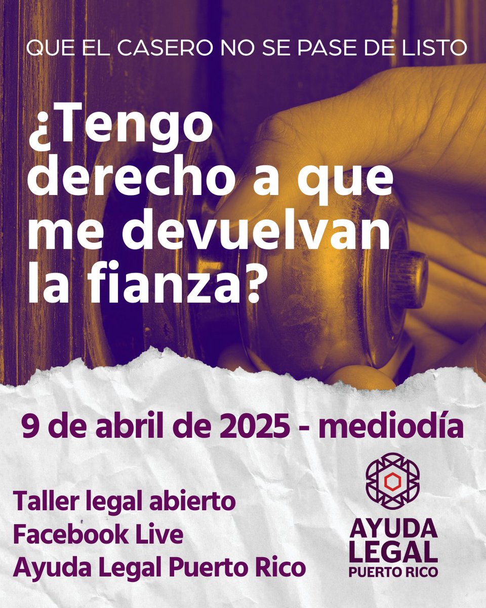 Volvemos con la serie de Talleres Legales Abiertos sobre #AlquileresDignos. Muchas personas llaman a nuestra oficina preguntando sobre la devolución de la fianza. ¿Cuándo tienes derecho a que se devuelva? Facebook Live - 9 de abril de 2025, mediodía.
