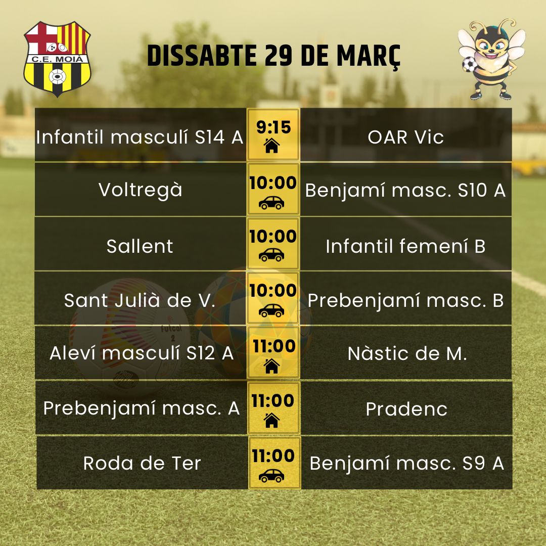 cemoia1922's tweet photo. ⚽️HORARIS CAP DE SETMANA⚽️
Som-hi Moià! 💛🖤
#somhimoià #futbol #moià #fcf #futcat #futfem #futbase #moianès https://t.co/3qGG26BzbX