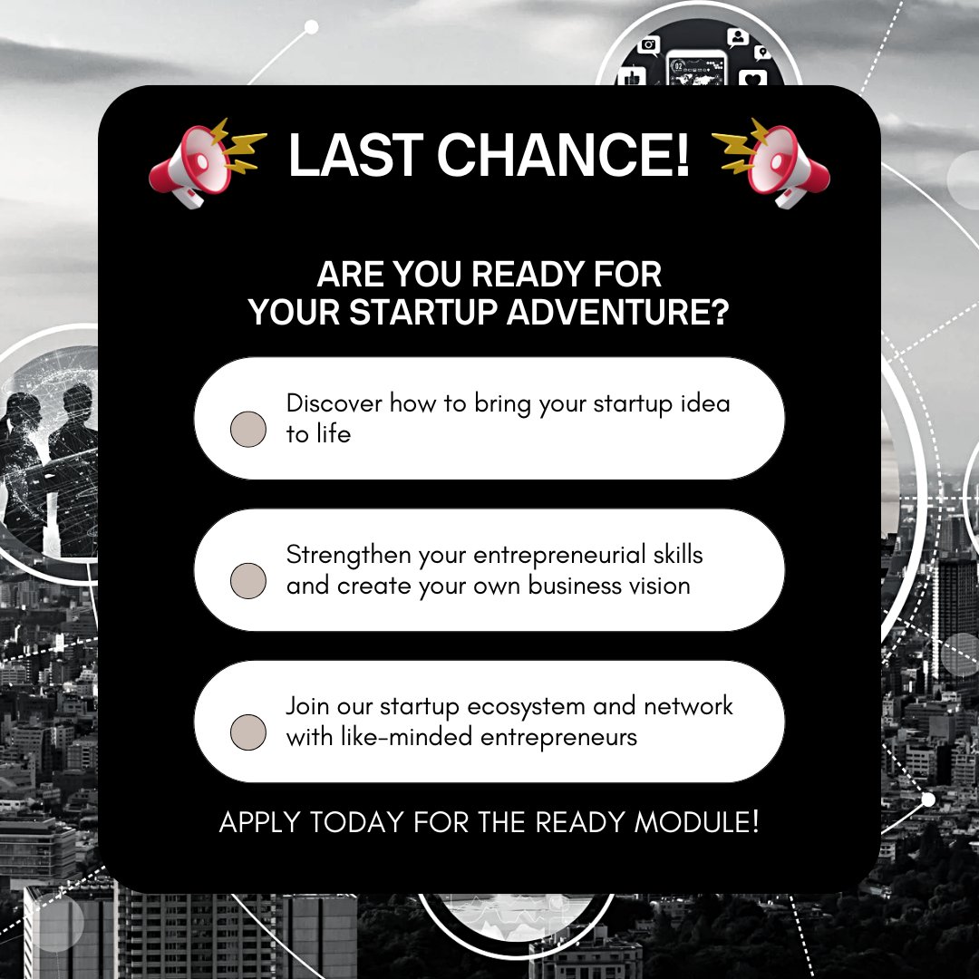 Last chance to join the Startup Readiness Program's READY module! 🔔 Today marks the deadline for registration, so don't miss out on this opportunity!

Sign up now via hubs.li/Q03bt8GS0! 📝