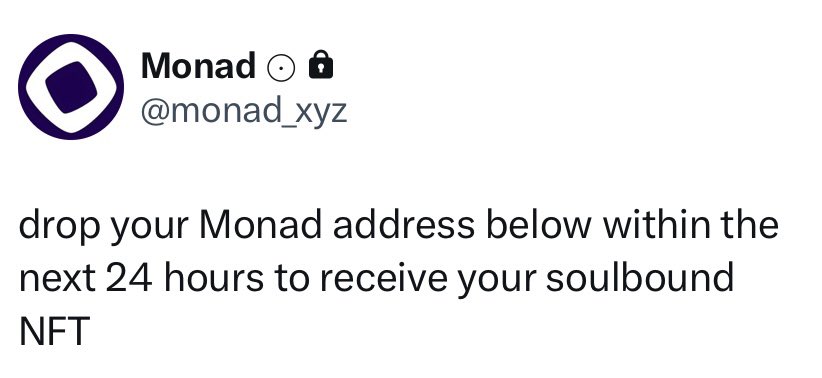 ✅Go to <a href="/monad_xyz/">Monad</a>
✅Follow if not following
✅After getting access, find this post 👇
📝Comment ur wallet address
⚠️Within 19hrs

🫆They will send Soulbound NFT

🤔Might be sybil filter $MON #monad