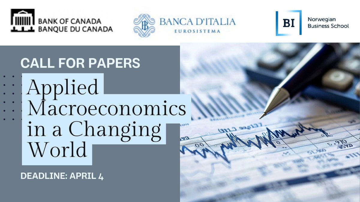 Central Bank Research Association (@cebraorg) on Twitter photo 📢 Call for Papers: Applied #Macroeconomics in a Changing World. The <a href="/bankofcanada/">Bank of Canada</a>, <a href="/bancaditalia/">Banca d'Italia</a>, and BI Norwegian Business School invite submissions for their joint conference in Oslo, Sept 11-12, 2025.
Topics include:
✅ Macroeconomic policy in uncertain times
✅ Inflation & 📢 Call for Papers: Applied #Macroeconomics in a Changing World. The <a href="/bankofcanada/">Bank of Canada</a>, <a href="/bancaditalia/">Banca d'Italia</a>, and BI Norwegian Business School invite submissions for their joint conference in Oslo, Sept 11-12, 2025.
Topics include:
✅ Macroeconomic policy in uncertain times
✅ Inflation &