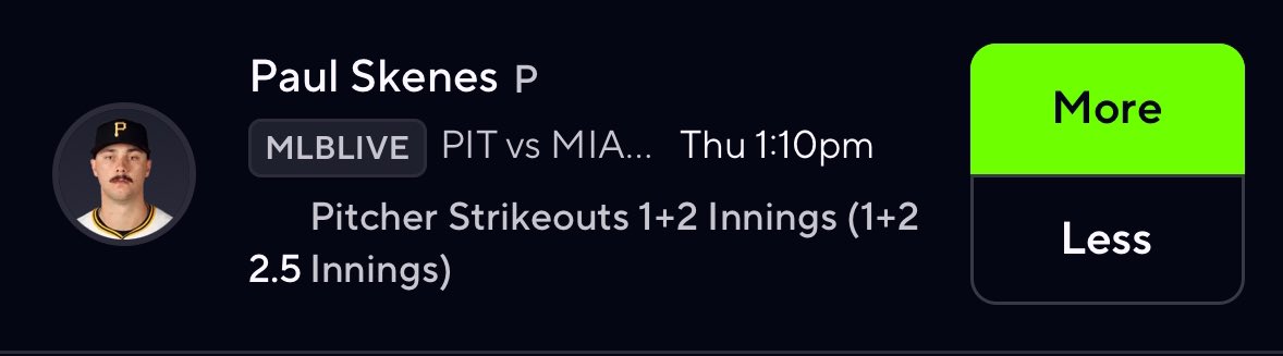 MLB OPENING DAY POTD 2 

Paul Skenes Over 2.5 1+2 STRIKEOUT

#prizepicks #gamblingx