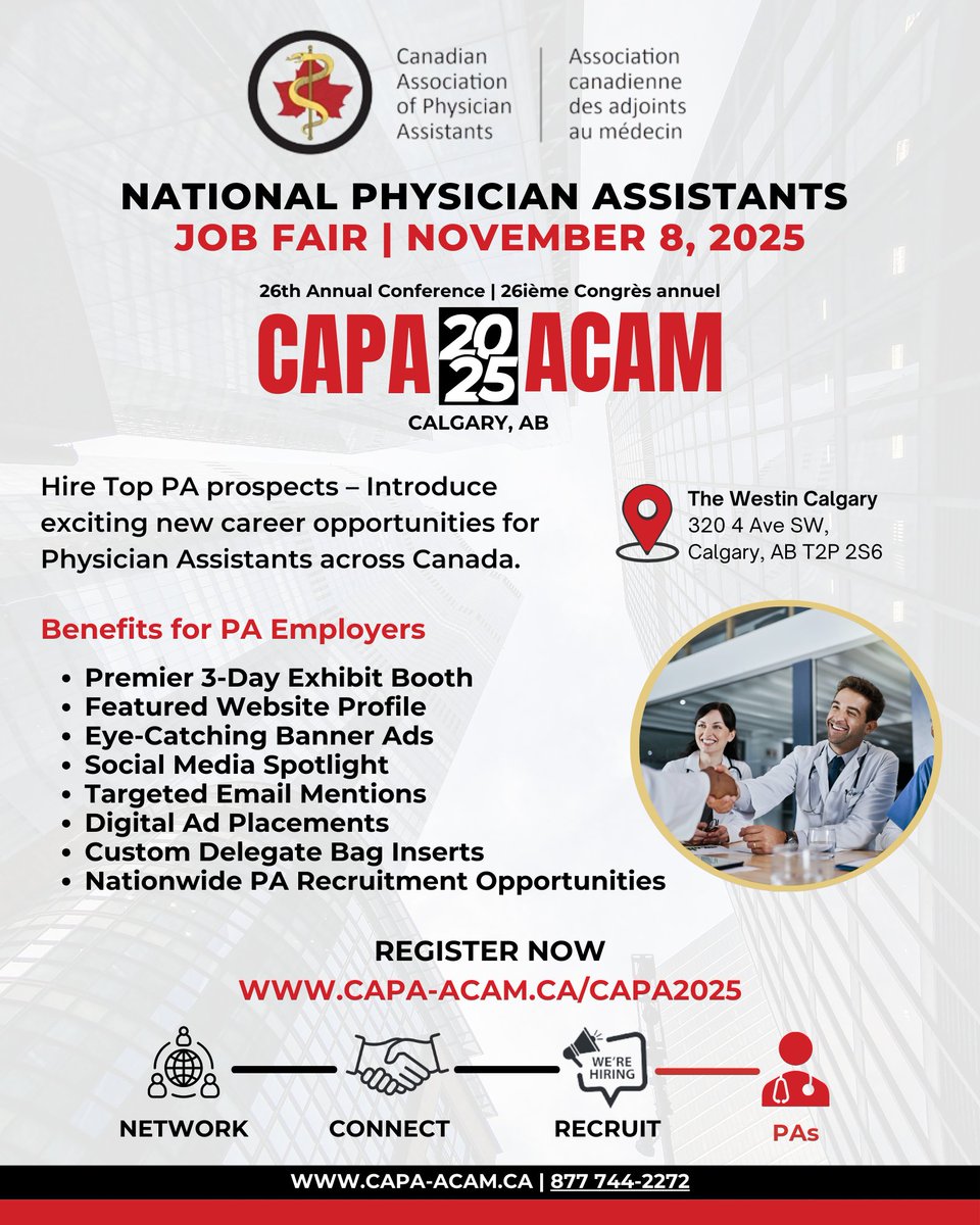 Join us at the CAPA 2025 Annual Conference and Job Fair on November 8, 2025, at The Westin Calgary

Meet qualified talent, showcase your opportunities, and grow your team with Canada’s PAs.

Register Now
👉 capa-acam.ca/capa2025/spons…

#CAPA2025 #PAJobs #physicianassistants
