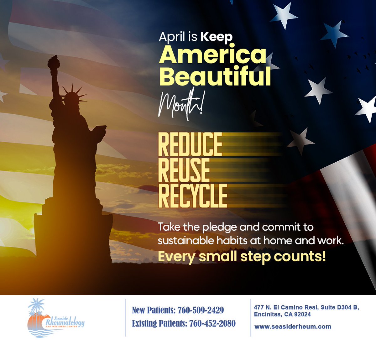 DrPeterLloyd's tweet image. This April, Seaside Rheumatology proudly supports Keep America Beautiful Month. Join hands to make our city cleaner and greener. Let`s lead by example and inspire positive change. #keepamericabeautiful #berecycled #encinitas #CA #seasiderheumatology