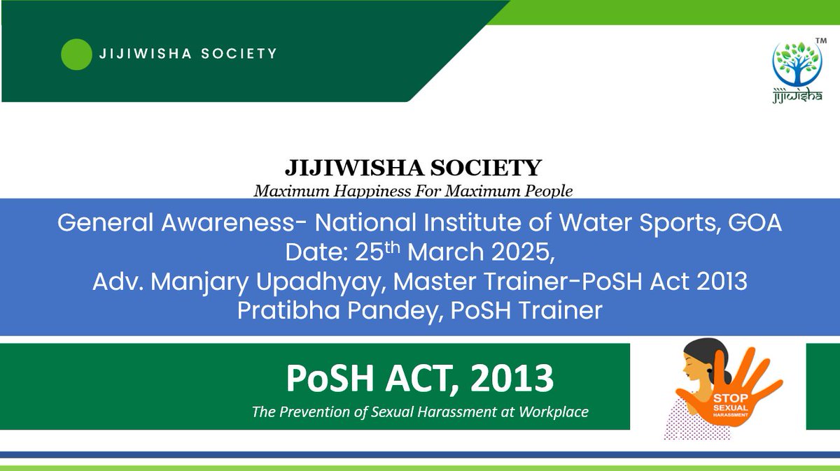 It was a wonderful opportunity to talk and sensitize the people from the <a href="/tourismgoi/">Ministry of Tourism</a> on PoSH laws through PoSH Training.
#jijiwishasociety
#poshtraining
#goa
#ministryoftourism
#nationalinstituteofwatersports
#HR
#compliance