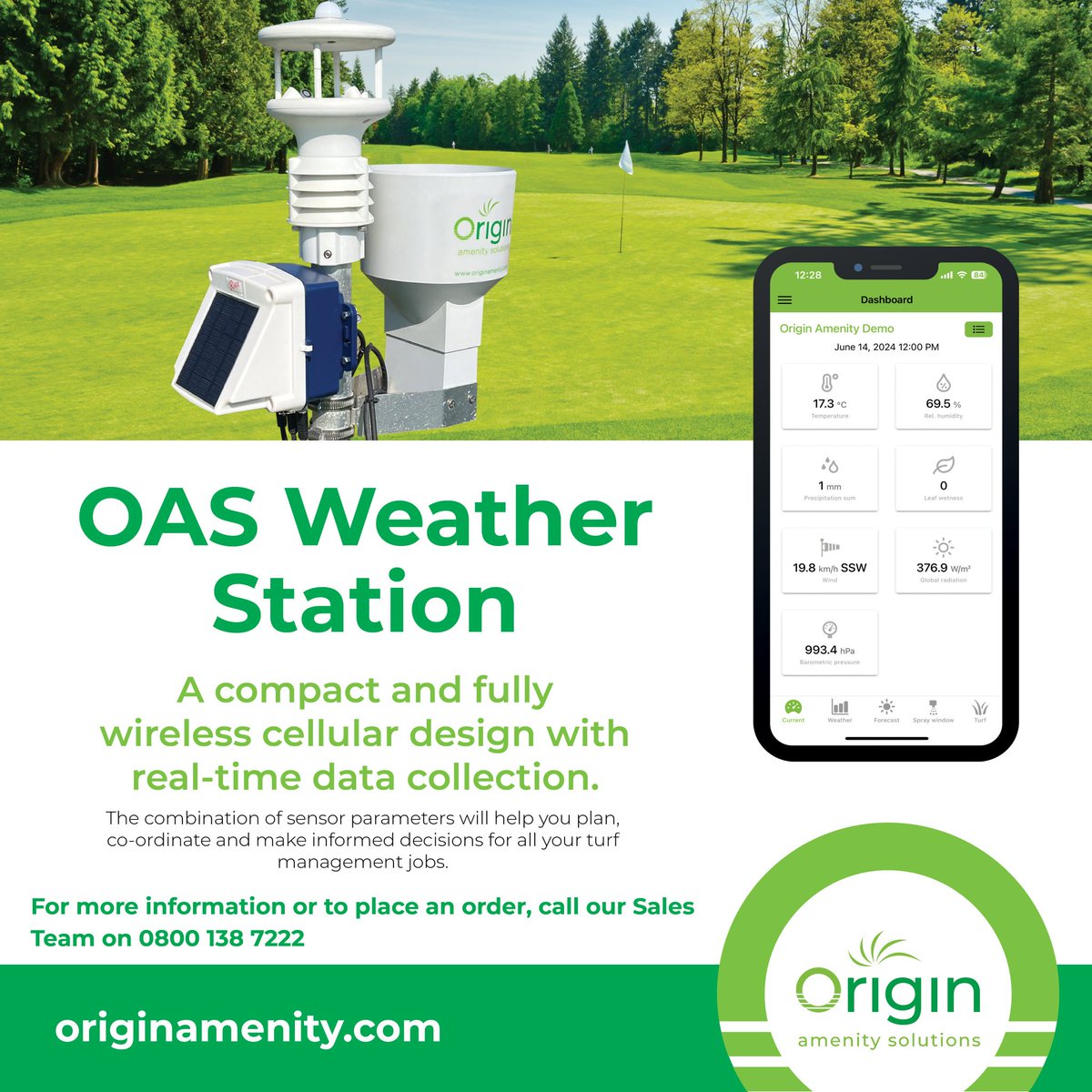 OAS have designed a new compact, wireless weather station designed for turf environment analysis. 

Real-time data collection with key parameters 📊

🌡️ Temp &amp; Humidity
💨 Wind Speed &amp; Direction
☀️ Sunlight Intensiry 
🌧️ Rainfall &amp; Pressure
Precision monitoring, anytime, anywhere