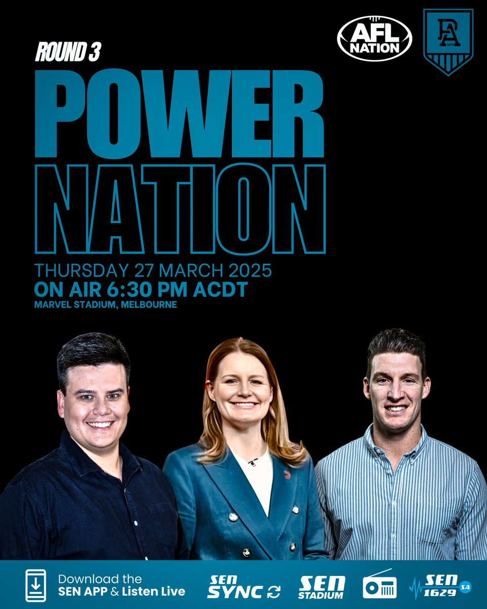 ⚡️ Power Nation! Catch tonight’s game against the Bombers 𝐋𝐈𝐕𝐄 on <a href="/1629senSA/">SEN SA 1629</a> and the 𝗦𝗘𝗡 𝗔𝗽𝗽 📱

👉 Join Matthew Cocks, Jo Wotton &amp; Josh Jenkins on the call at <a href="/marvelstadiumau/">Marvel Stadium</a> 🎙️

📲 sen.lu/SENApp 
📻 sen.com.au 

#AFLDonsPower #PowerNation ⚡️