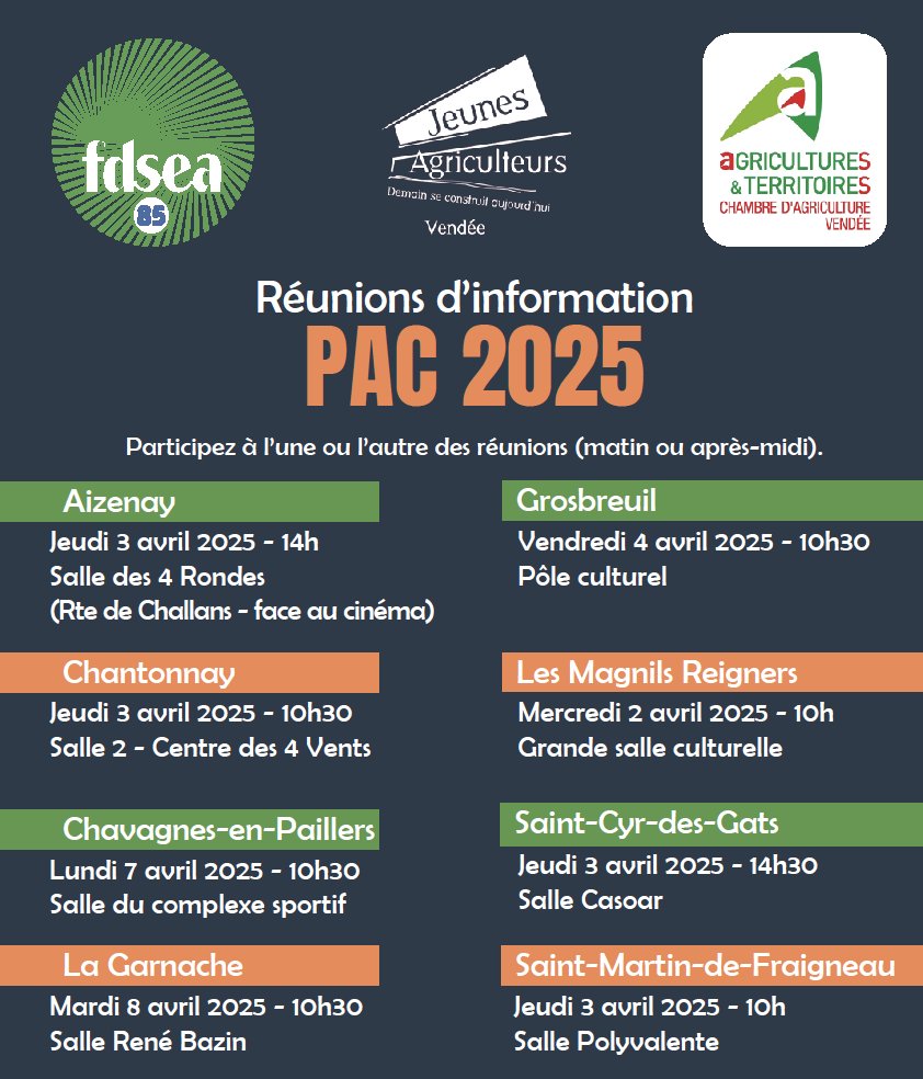📢 #PAC2025 : 8 réunions d'information sur toute la #Vendée à partir de mercredi 2 avril avec <a href="/JAVendee/">JA de Vendée</a> et la Chambre d’Agriculture de Vendée pour tout comprendre sur la PAC 2025 et les évolutions à venir.

📲02 51 36 82 06
📨animation@fdsea85.fr
