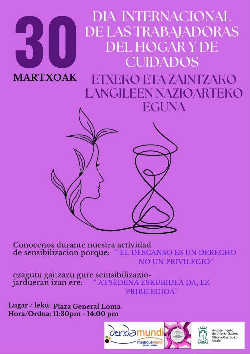 🟧 30 de marzo día de las TRABAJADORAS de HOGAR y de CUIDADOS.

Acércate a conocernos este domingo!

🕘 11:30 - 14:00
📍 Plaza General Loma

🟠 Martxoak 30 ETXEZ ETXEKO eta ZAINTZAKO LANGILEEN eguna. Animatu ezagutzera!