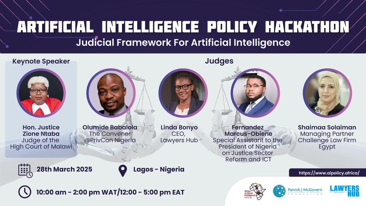 ⚖️ Meet the Judges! 

The AI Policy Hackathon on Judicial Systems is coming up on March 28, 2025, in Lagos!

We’re excited to have top #LegalTech minds assess groundbreaking solutions for AI in Africa’s judiciary.

#AIJustice #TechForJustice #AIPolicyHackathon #LawyersHub