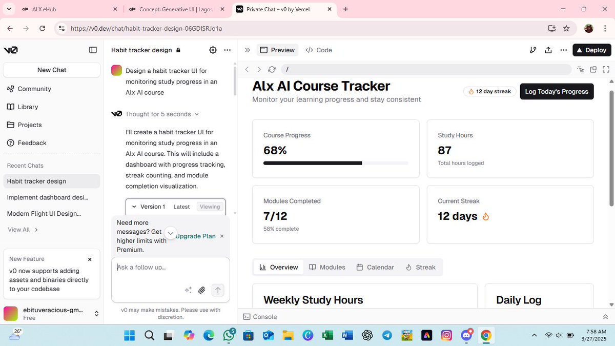 veraciousvee22's tweet image. Week 2 Day 8 of my ALX AI journey and today was all about V0.dev #ALXAI #V0dev #AIforDevelopers #AlxAfrica #AI