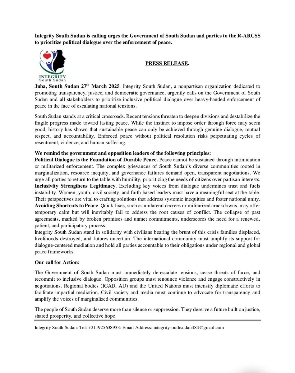 Integrity South Sudan (@integritysouth) on Twitter photo Integrity South Sudan urges the government of South Sudan and parties to R-ARCSS to prioritize political dialogue over enforcement of peace.
#SSOT
<a href="/USMissionJuba/">U.S. Embassy in Juba</a>
<a href="/Priya_Nicole/">Priya Nicole Sippy</a>
<a href="/AllardPrize/">Allard Prize</a> Integrity South Sudan urges the government of South Sudan and parties to R-ARCSS to prioritize political dialogue over enforcement of peace.
#SSOT
<a href="/USMissionJuba/">U.S. Embassy in Juba</a>
<a href="/Priya_Nicole/">Priya Nicole Sippy</a>
<a href="/AllardPrize/">Allard Prize</a>