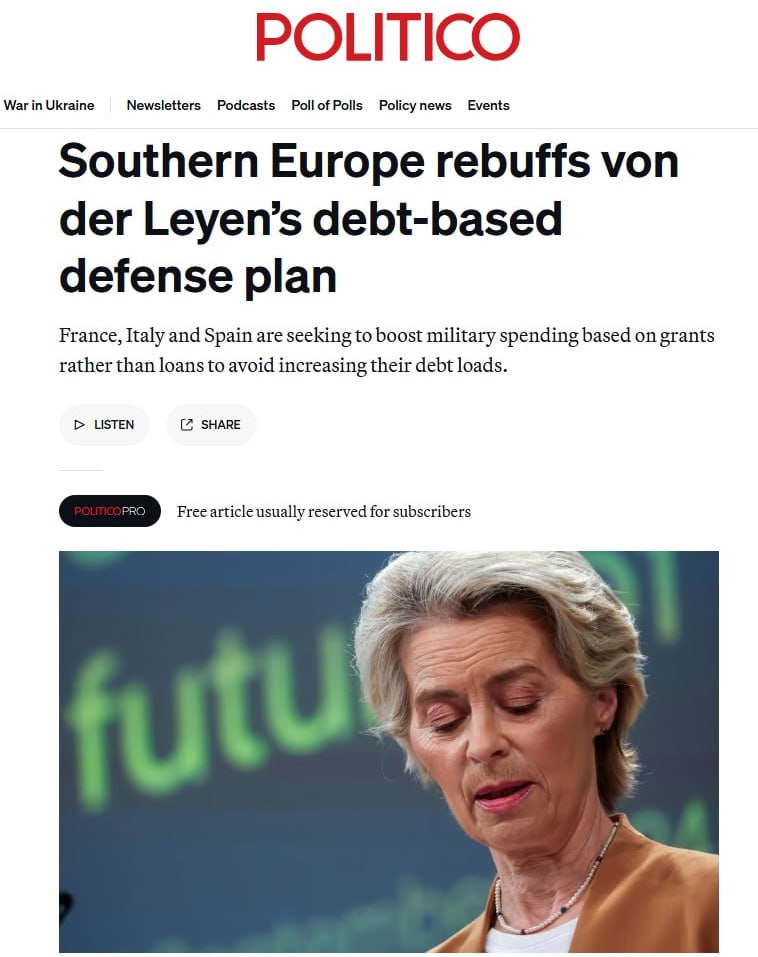 FMannuss's tweet image. Bericht: Nicht alle EU-Länder unterstützten von der Leyens Aufrüstungsplan

Nach „Politico“-Informationen zeigt sich in der EU ein #Widerstand gegen den Milliarden-Plan der Kommissionschefin Ursula von der Leyen zur Wiederaufrüstung Europas. Der Gegendruck komme vor allem aus
