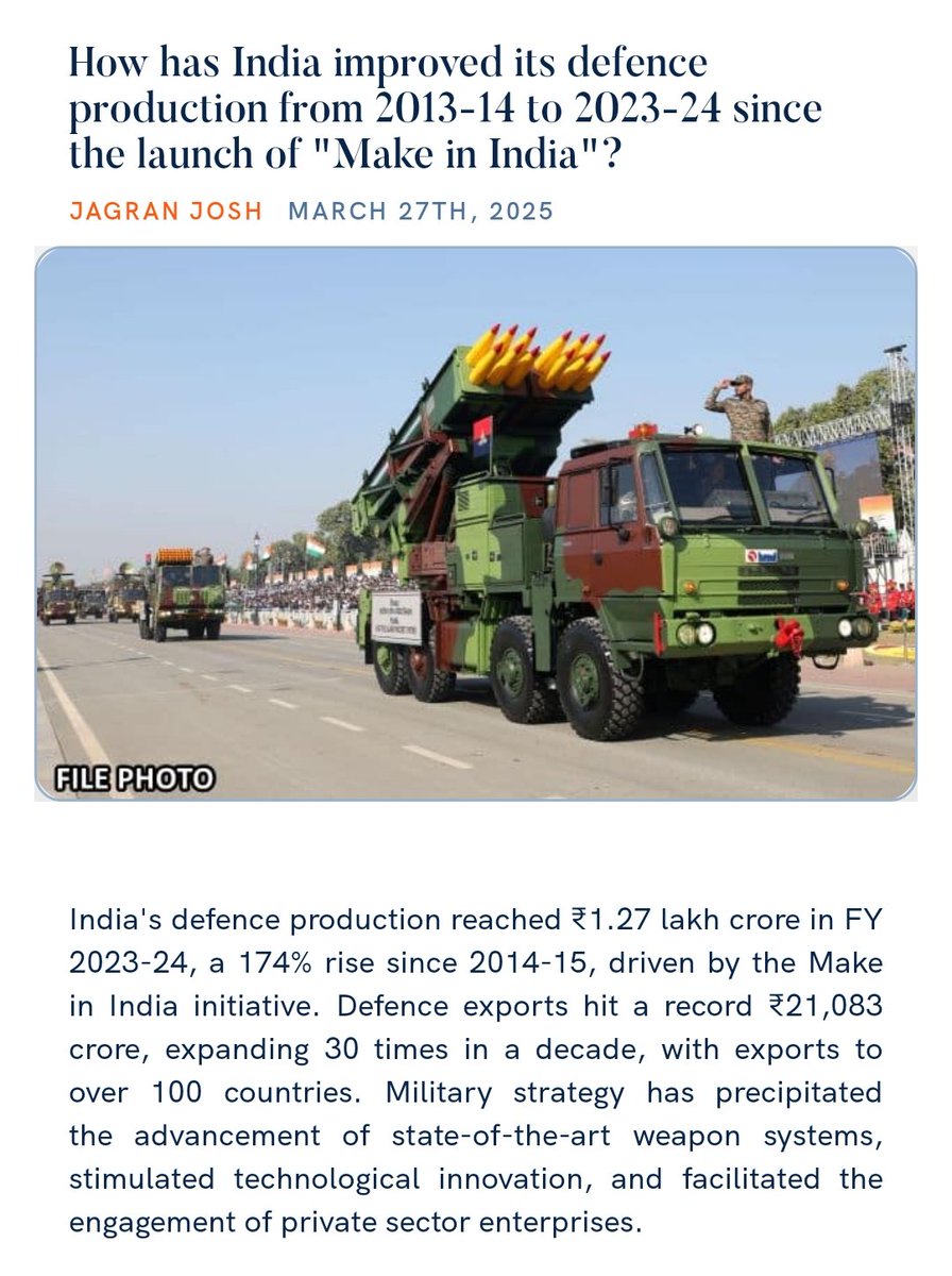 How has India improved its defence production from 2013-14 to 2023-24 since the launch of "Make in India"? 
jagranjosh.com/general-knowle… 

via NaMo App