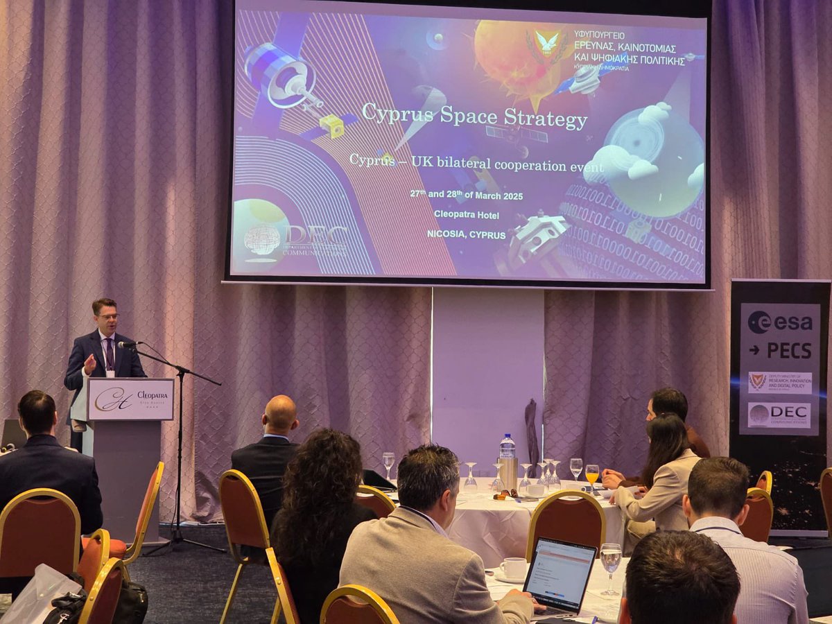 AdamJSambrook's tweet photo. Delighted that @UKinCyprus and @spacegovuk is at the Cyprus-UK bilateral event marking a new era of UK-CY partnership in space. The sky is (not) the limit https://t.co/2XPLSccQI4