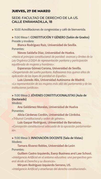 Esta mañana ya comienzan las sesiones del Congreso <a href="/ACE_ACOES/">ACE_ACOES</a> con las tres mesas que se celebrarán en la Facultad de Derecho <a href="/Derecho_US/">FACULTAD DE DERECHO</a> <a href="/FAlvarezOssorio/">F. Álvarez-Ossorio</a> <a href="/AngelRod_/">Angel Rodríguez</a>