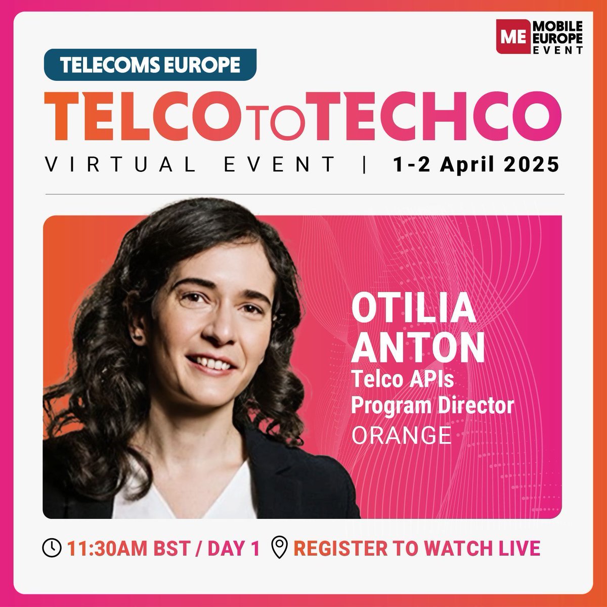 📣Glad to share that Otilia Anton, #Telco #APIs Program Director at @Orange will speak at #TelcoToTechCo2025

Don't miss Otilia on 1st April at 11:30am BST

Register now ➡️buff.ly/r7MVzRR 

#Network #AI #Future #Innovation