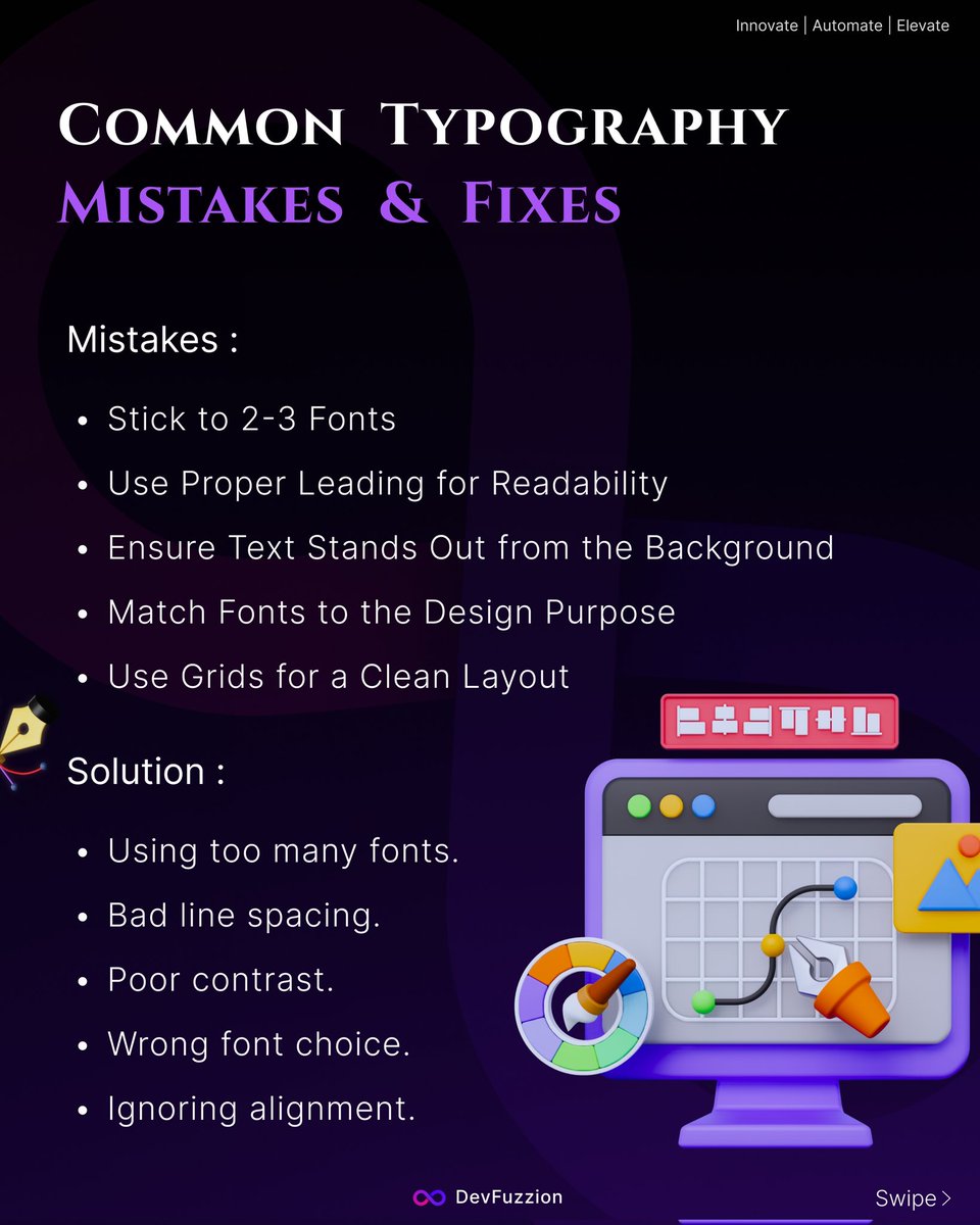 devfuzzion's tweet image. Typography Mistakes That Ruin Your Design
Too many fonts? Bad spacing? Poor contrast? Small mistakes can ruin readability and aesthetics. Stick to consistent fonts, proper spacing, and strong contrast for a polished look.
#graphicdesign #design #typography