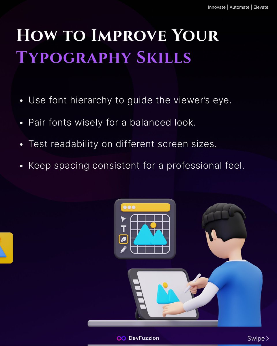 devfuzzion's tweet image. Typography Mistakes That Ruin Your Design
Too many fonts? Bad spacing? Poor contrast? Small mistakes can ruin readability and aesthetics. Stick to consistent fonts, proper spacing, and strong contrast for a polished look.
#graphicdesign #design #typography