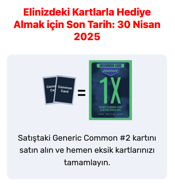 ELYT_Social's tweet photo. Elinizdeki Kartlarla Hediye Almak için Son Tarih: 30 Nisan 2025. Şimdi hesabınıza giriş yapabilir ve kartlarınız ile alabileceğiniz hediyelere göz atabilirsiniz. Eğer eksik kartınız varsa Generic Common #2 kartı ile eksiğinizi tamamlayabilir ve hediyenizi alabilirsiniz. https://t.co/AvyVS1QJz5