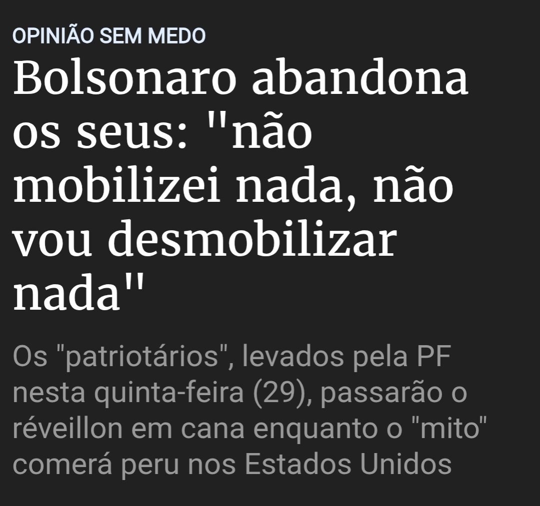 <a href="/jairbolsonaro/">Jair M. Bolsonaro</a> O genocida fez vários comícios para que as pessoas atacassem a sede dos 3 poderes e fugiu quando viu que deu merda deixando os apoiadores pagando o pato. 
Esse cara NÃO ESTÁ NEM AÍ PRA NINGUÉM.