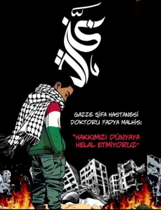 "Hospitals bombed, patients and doctors brutally murdered in front of the eyes of the world and 2 billion Muslims.
Gazze haklarını helal etmiyormuş! 
Hâlbuki, biz slogan attık; lânetledik; Filistin'den defol dedik; ey dedik; vay dedik. Daha ne yapalım(!)
#GazaDestroyedContinues