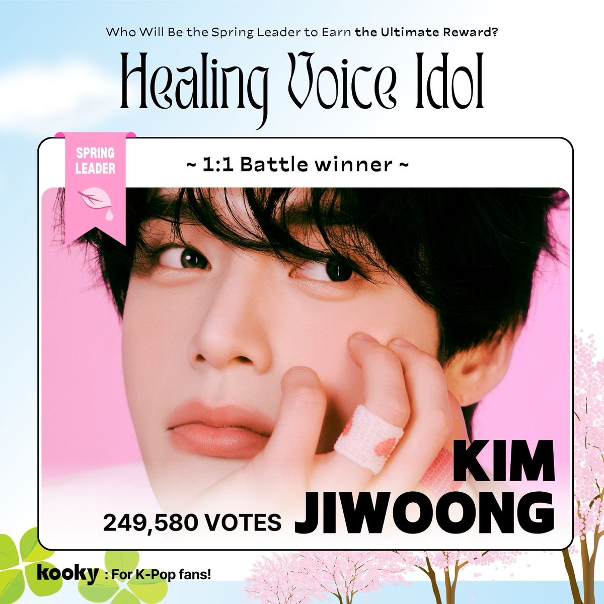 kooky__official's tweet photo. [ 📢1:1 Battle Results ]
✨ Who is the #BestHealingVoice_Spring ldol? ✨

*🌿･ﾟ*   #ZEROBASEONE #KIMJIWOONG   *･ﾟ🌿*

🗳️ #KookySpringLeader Semi-Final voting starts on Monday, so stay tuned!

🏆 Announcing the TOP5 advancing to the Semi-Final Voting ><
#ZB1 #KIMJIWOONG
#AHOF #JL
#AHOF #PARKHAN
#BINI #Colet
#ATEEZ #YEOSANG