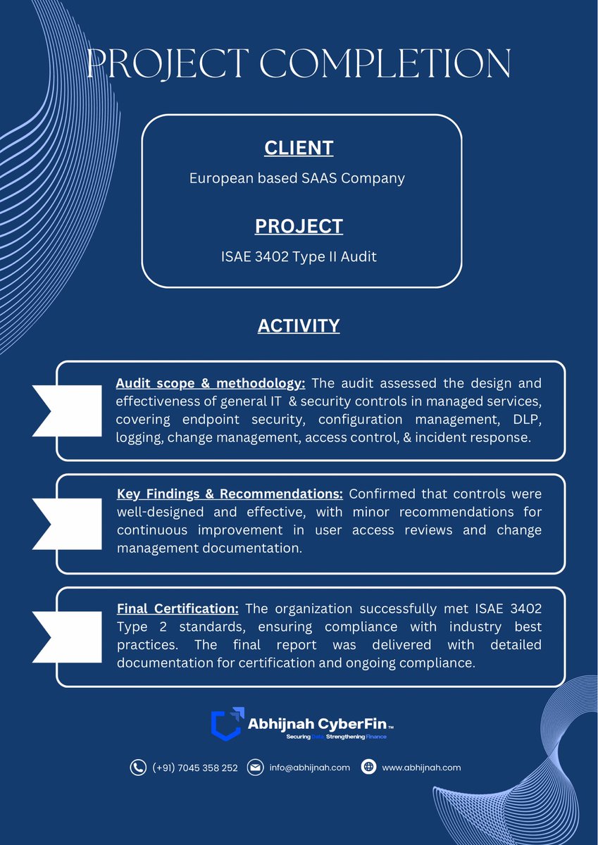 AbhijnahCFLLP's tweet photo. We are pleased to announce that @AbhijnahCFLLP has successfully completed an ISAE 3402 Type II Audit for a leading European-based SaaS company.

For more information follow our official LinkedIn Page: https://t.co/VgHlsNYJUS

@bhaskaravijay 

https://t.co/0Z9W88oynA https://t.co/FA1NotxzU8