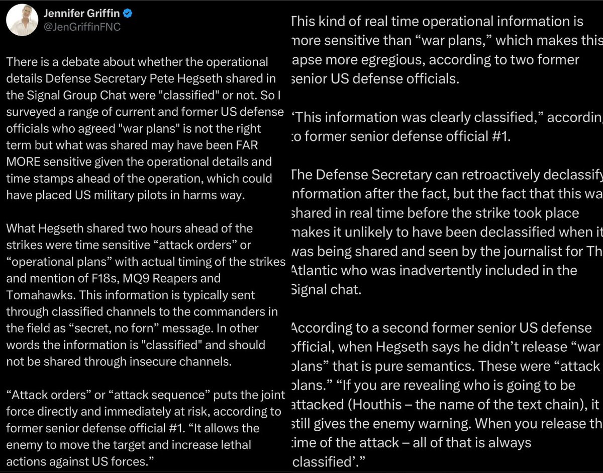 Chief National Security Reporter at the Pentagon for Fox News says she surveyed defense officials who said the info was actually “far more sensitive” than “war plans” and “clearly classified”