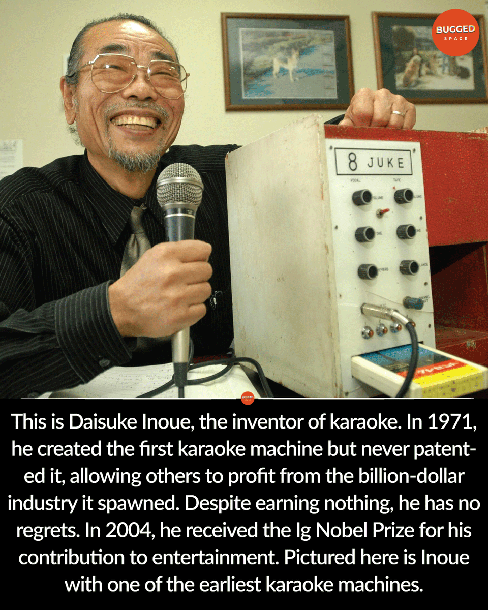 buggedspace's tweet photo. 🎤 Daisuke Inoue, the man who gave the world karaoke, never patented his invention—losing out on millions! Yet, his creation brought joy to millions worldwide. 🎶 #Karaoke #MusicLover #FunFacts #Invention #DidYouKnow https://t.co/gRSKowboTJ