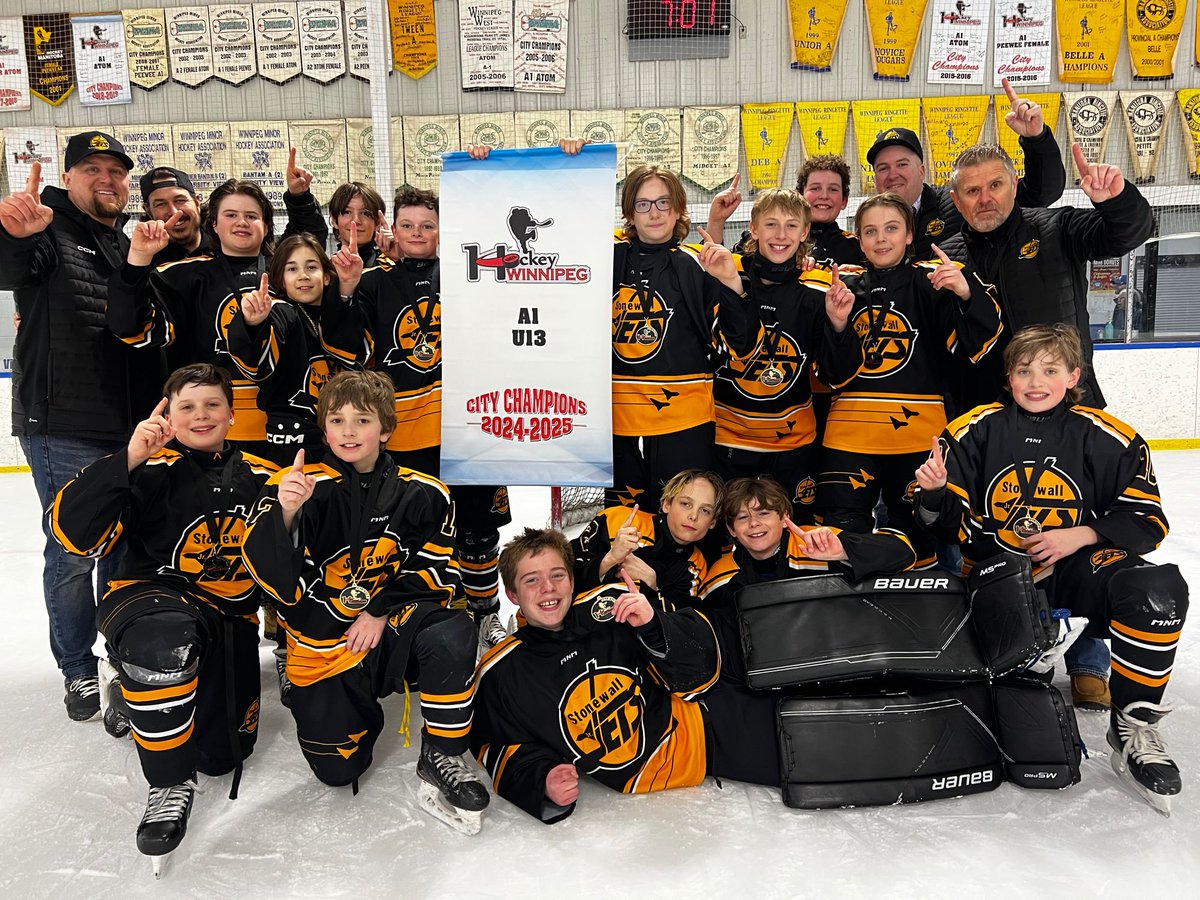 Congratulations to the U13 Stonewall Jr. Jets - they are bringing home the Hockey Winnipeg Championship Banner tonight. Congrats on the 4-0 win!