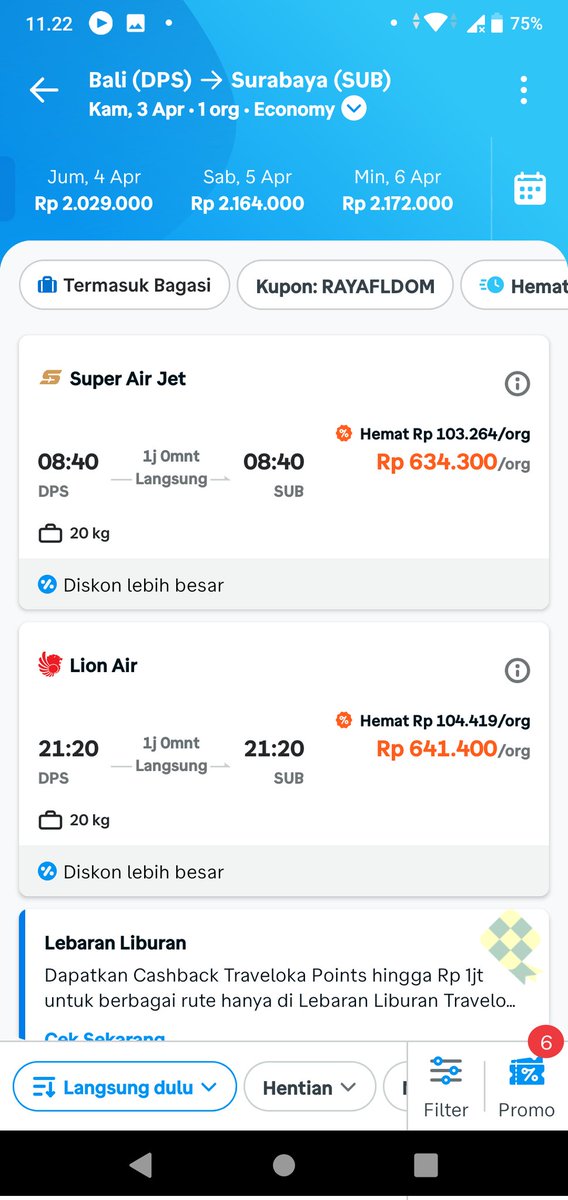 goby8's tweet photo. @HumorJonTampan Penawaran tiket turun harga tidak sampai seminggu setelah itu harga normal kembali bahkan paska lebaran naik tinggi, saya ngecek tiket di Traveloka, tiket..com, tipu2pejabat, penerbangan 31 Maret harga di Minggu ke-2, 445rb, sekarang 👇 https://t.co/cwGIKFzIRz