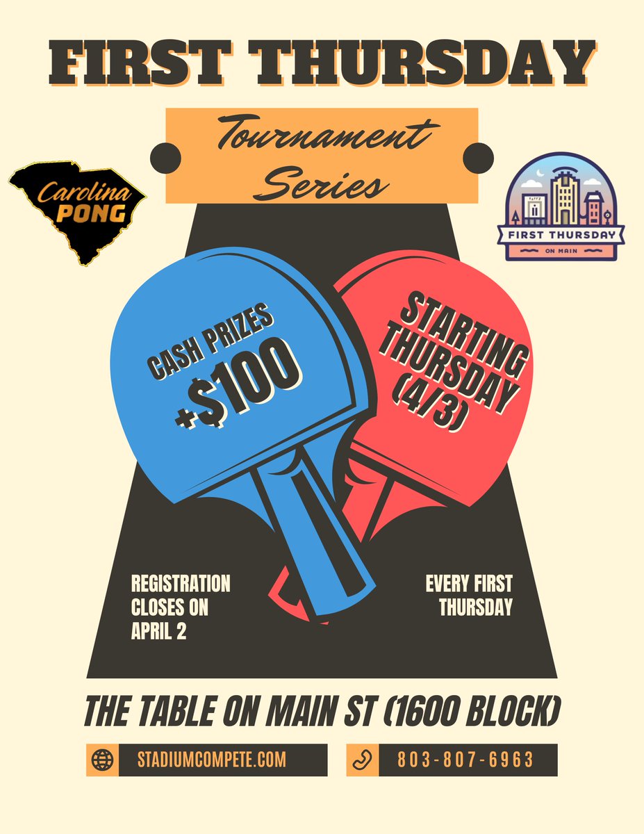 tripprochesc's tweet image. Come and play some ping-pong on Main Street for @FirstThursMain next Thursday 🏓
🔗- stadiumcompete.com/tournament/613…