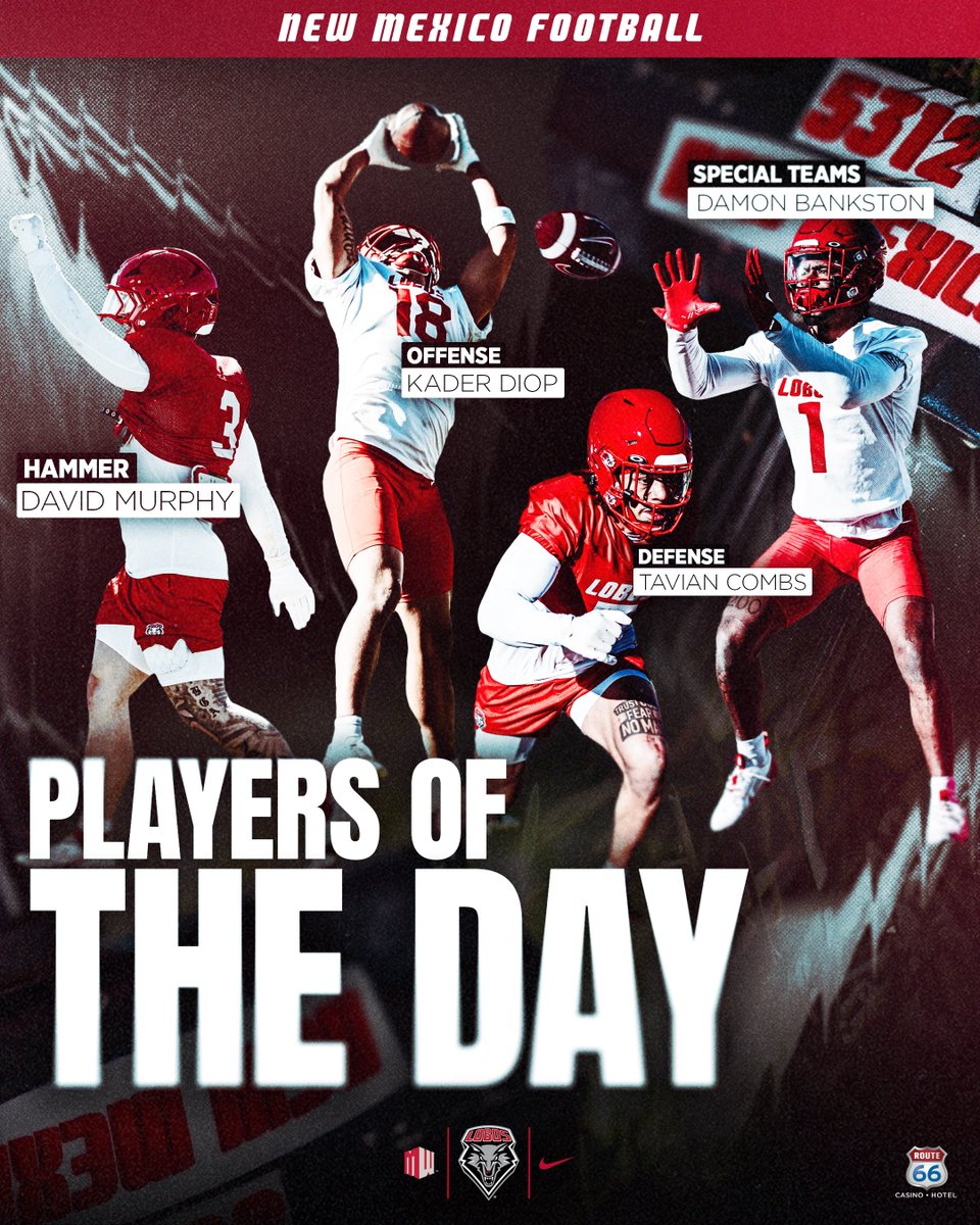 🚨 𝗣𝗹𝗮𝘆𝗲𝗿𝘀 𝗼𝗳 𝘁𝗵𝗲 𝗗𝗮𝘆 - 𝗣𝗿𝗮𝗰𝘁𝗶𝗰𝗲 𝟰 🚨

🔨 - David Murphy 
Offense - Kader Diop
Defense - Tavian Combs
Special Teams - Damon Bankston

#GoLobos | 🐺🆙