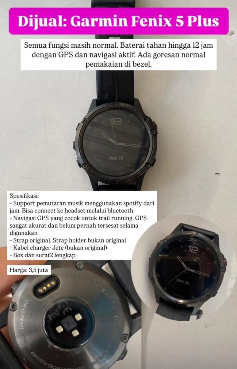 <a href="/ezash/">Eza Hazami - ハザミ。エザ</a> Garmin Fenix 5X. Semua fungsi normal. Built in GPS Navigation untuk trail run, dan spotify untuk connect ke headset via Bluetooth. Harga 3.5 juta nego, lokasi Jakarta setelah lebaran. Bisa COD atau tokopedia
#KhilafClubTHR
