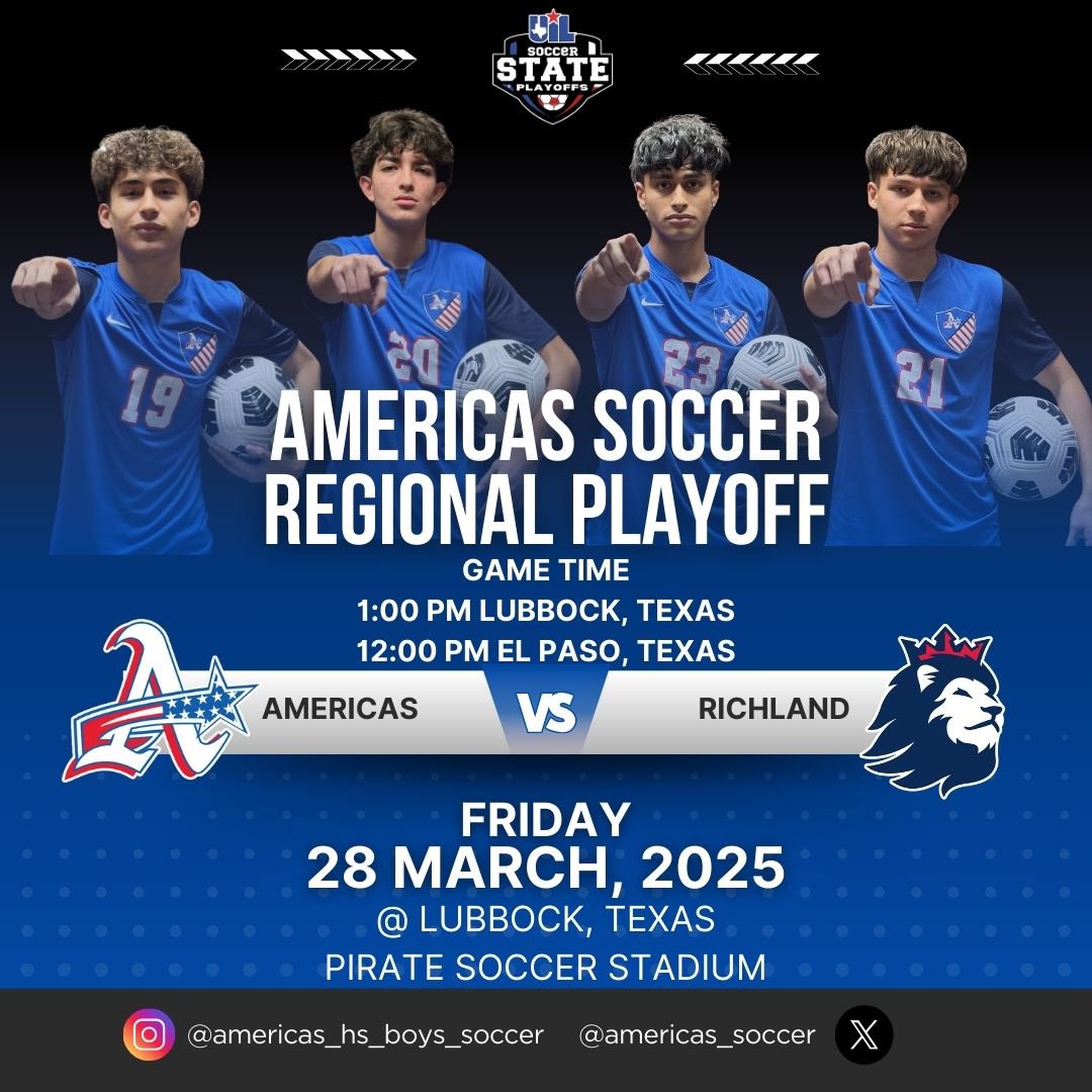 Americas Boys Soccer (@americas_soccer) on Twitter photo Next game 🔜 ⚽️5A UIL Regional Playoff
Lets keep at it Blazers. 1 2 3 UNIDOS!!! 💪
#Blazers #UILSoccer
<a href="/Americas_HS/">Nancy Torres</a> <a href="/SocorroISD/">Socorro ISD</a> Next game 🔜 ⚽️5A UIL Regional Playoff
Lets keep at it Blazers. 1 2 3 UNIDOS!!! 💪
#Blazers #UILSoccer
<a href="/Americas_HS/">Nancy Torres</a> <a href="/SocorroISD/">Socorro ISD</a>
