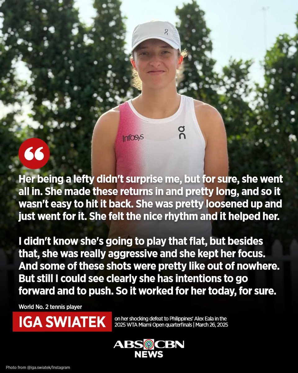 ABSCBNNews's tweet photo. RESPECT🙏

World No. 2 tennis star Iga Swiatek admits she committed several mistakes which Philippines' Alex Eala capitalized on during their quarterfinal bout in the 2025 WTA #MiamiOpen.

FULL STORY: https://t.co/4sI4Sjcim3 https://t.co/2rBNXDQbb8