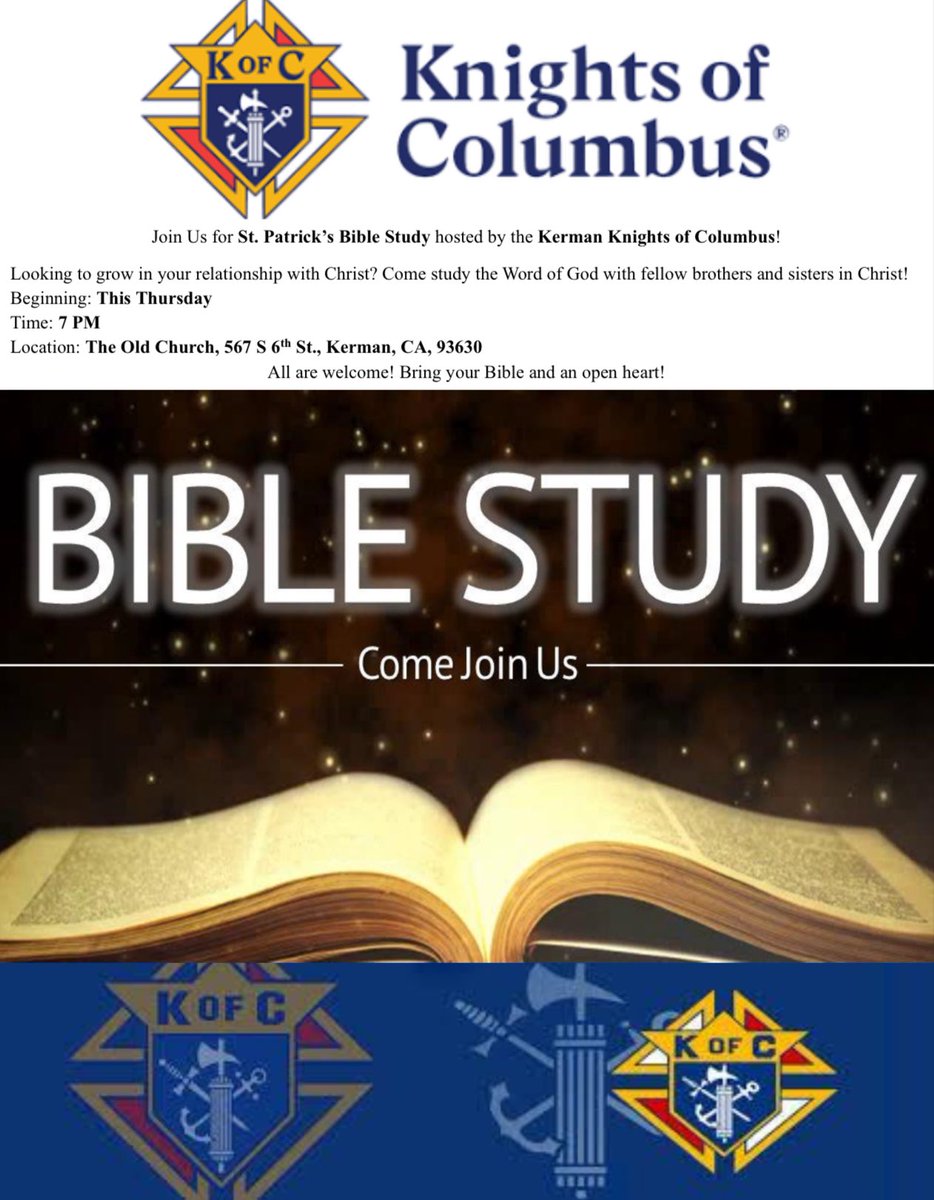 OhhBigBoy's tweet photo. Join Us for St. Patrick’s Bible Study hosted by the Kerman Knights of Columbus!

🗓 Starting This Thursday
⏰ 7:00 PM
📍567 S 6th St, Kerman, CA

#knightsofcolumbus #biblestudy #kerman #faith #stpatrickskerman #GrowInChrist #kermanknightsofcolumbus https://t.co/nui1ufgzt9