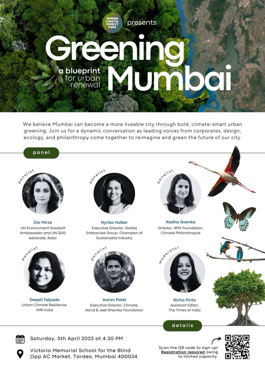 Mumbai Coastal Forest (@mumcoastforest) on Twitter photo 🌿 Join us for Greening Mumbai: A Blueprint for Urban Renewal
Featuring: <a href="/deespeak/">Dia Mirza</a> | Nyrika Holkar | Deepti Talpade | <a href="/radhagoenka/">Radha Goenka</a> | <a href="/aaranrpatel/">Aaran R Patel</a>
Moderated by <a href="/richapintoi/">Richa Pinto</a>
Register here: forms.gle/2D8kPuDQUMEt2P… 🌿 Join us for Greening Mumbai: A Blueprint for Urban Renewal
Featuring: <a href="/deespeak/">Dia Mirza</a> | Nyrika Holkar | Deepti Talpade | <a href="/radhagoenka/">Radha Goenka</a> | <a href="/aaranrpatel/">Aaran R Patel</a>
Moderated by <a href="/richapintoi/">Richa Pinto</a>
Register here: forms.gle/2D8kPuDQUMEt2P…