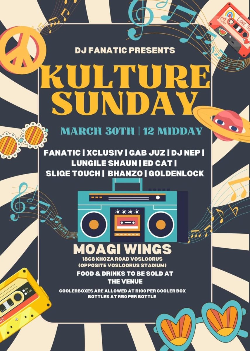Our Dear friend <a href="/DjfanaticSA/">BEAST FROM THE EAST</a> brings you Kulture Sundays this coming Sunday.

Get ready for an unforgettable day of top-tier music, amazing food, and pure good vibes. The lineup is stacked.

Tell a friend, See you there!

#KultureSundays #GoodVibesOnly #MoagiWings #WingsandChill