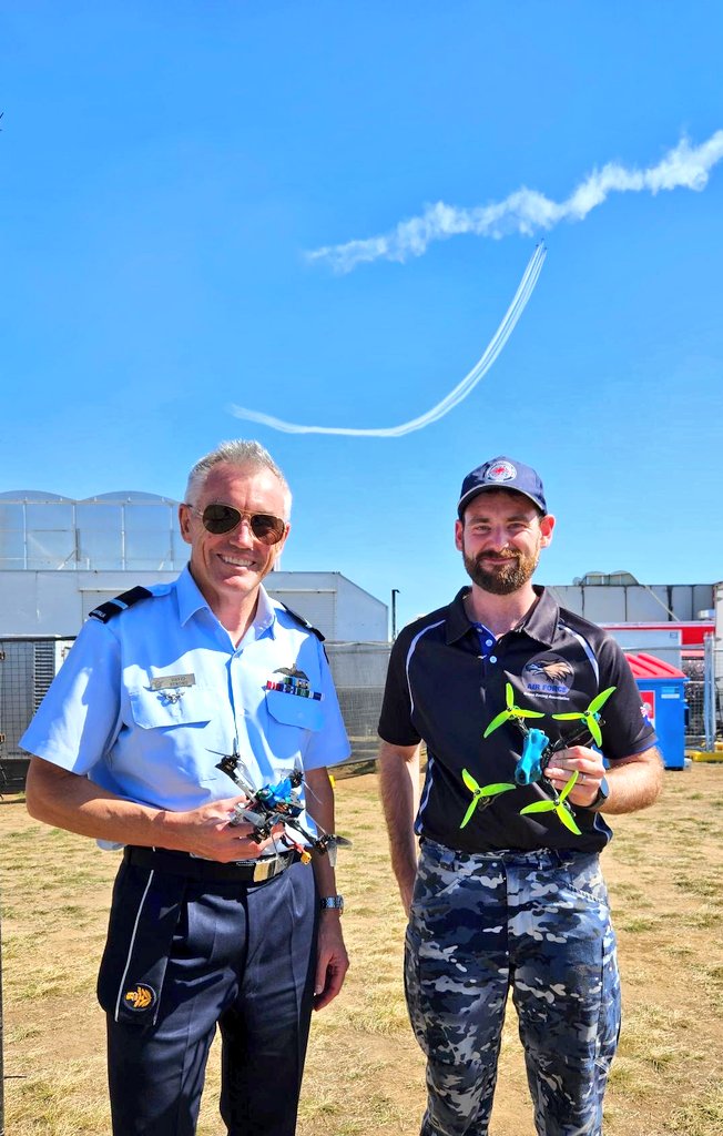 AUADRT's tweet image. @AusAirForce #DroneRacing Patron Air Commodore David Strong and Warrant Officer Brian Holdcroft had a chance to watch our fastest drone pilots whip around the #DroneZone today at Avalon Airshow Fan Page. #AIA25.

#SendIt!

@CAF_Australia @WOFFAF @RAAF_ACAUST