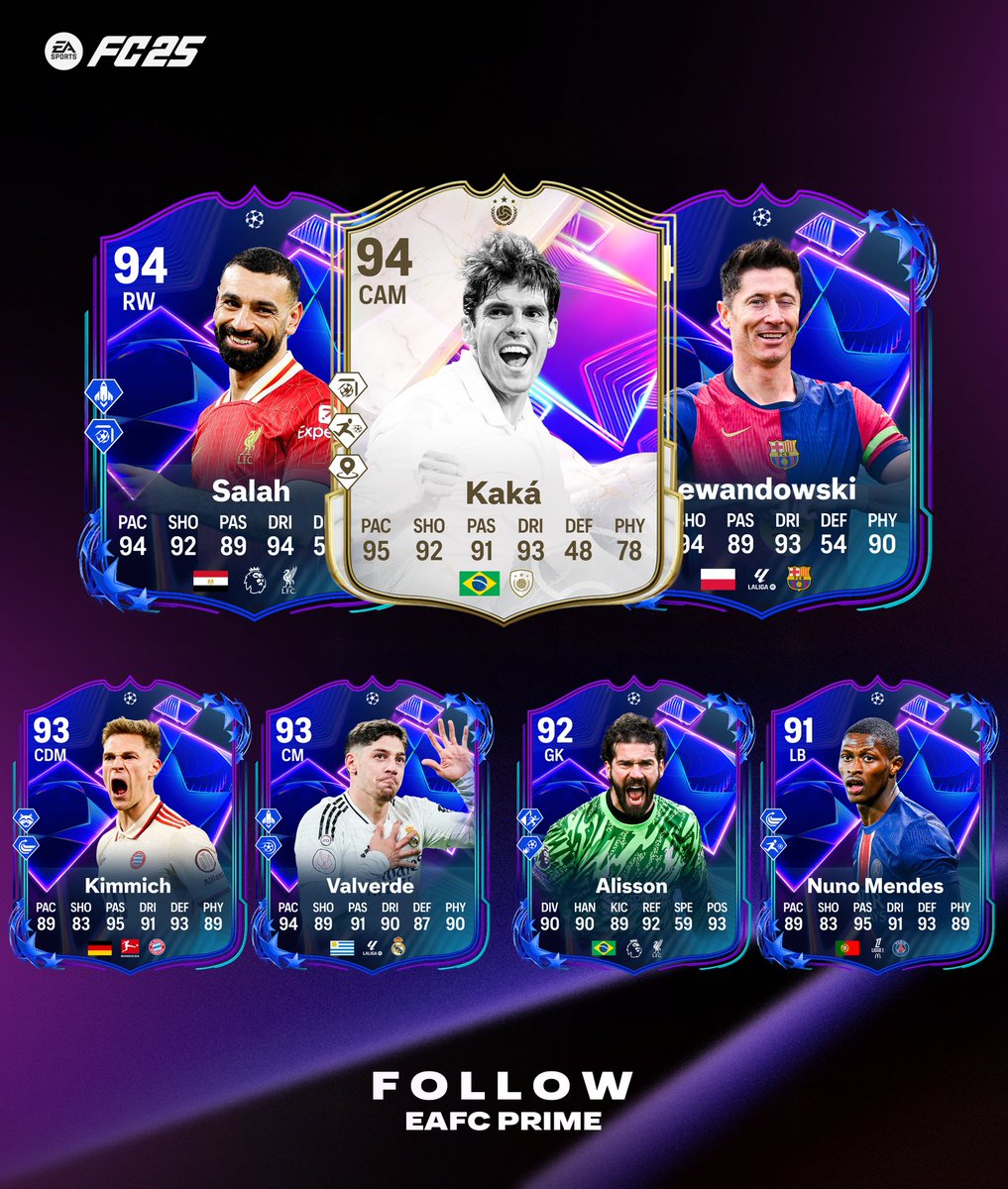UCL Dreamchasers TEAM 2 Coming Soon🔥✨️

🚨Stats Prediction🚨

🇪🇬Salah
🇧🇷Kaka
🇵🇱Lewandowski
🇩🇪Kimmich
🇺🇾Valverde
🇧🇷Alison
🇵🇹Mendes

🪄Follow us for More @eafc_prime 

#FC25 | #EAFC25