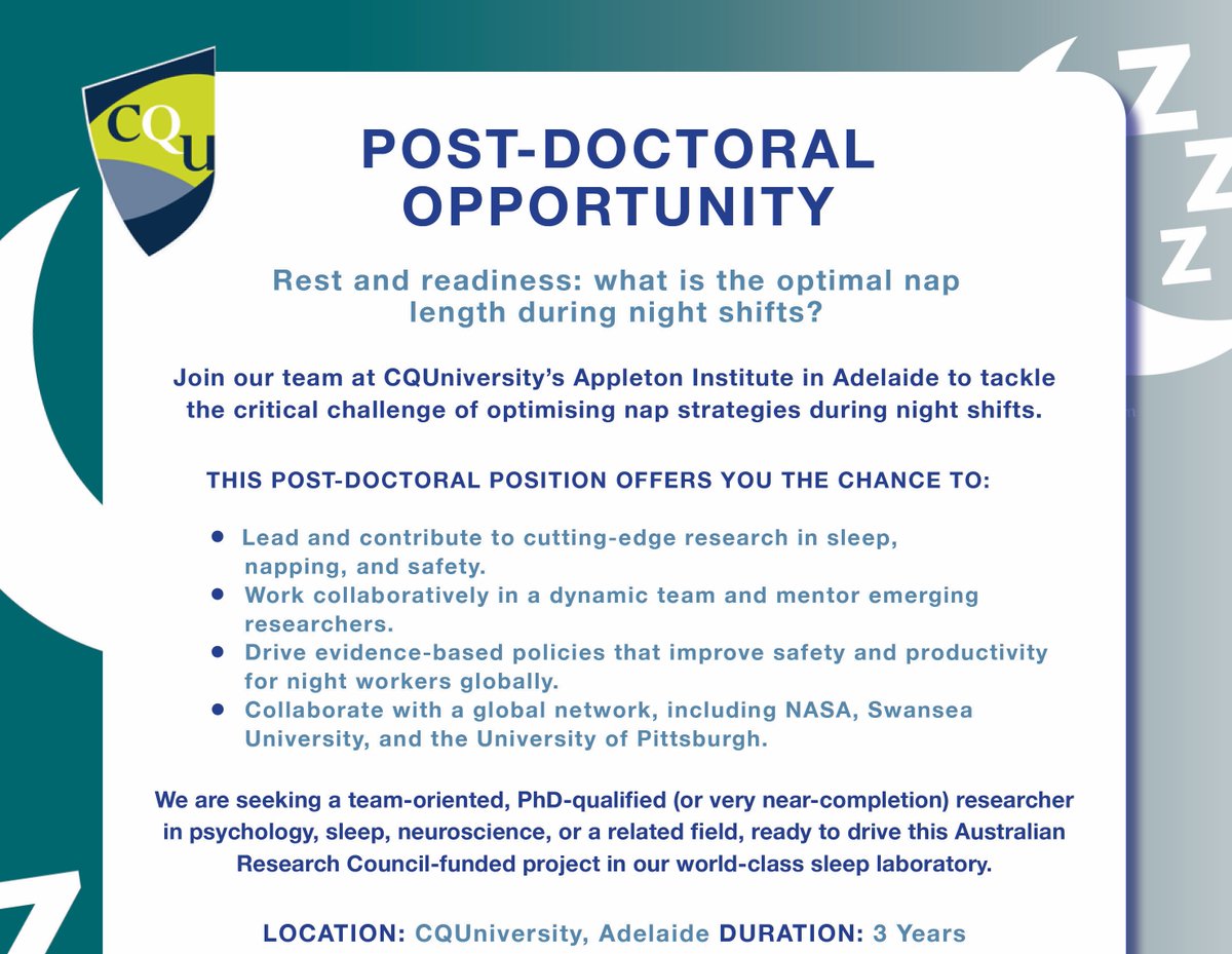 🚨 One week to go! 🚨
If you're interested in working with a supportive research team focused on sleep, health, and work, we'd love to hear from you. Colleagues please share. #postdoc #academicjobs #sleep #sleeppeeps

👇 Apply now through SEEK: shorturl.at/NdjFH